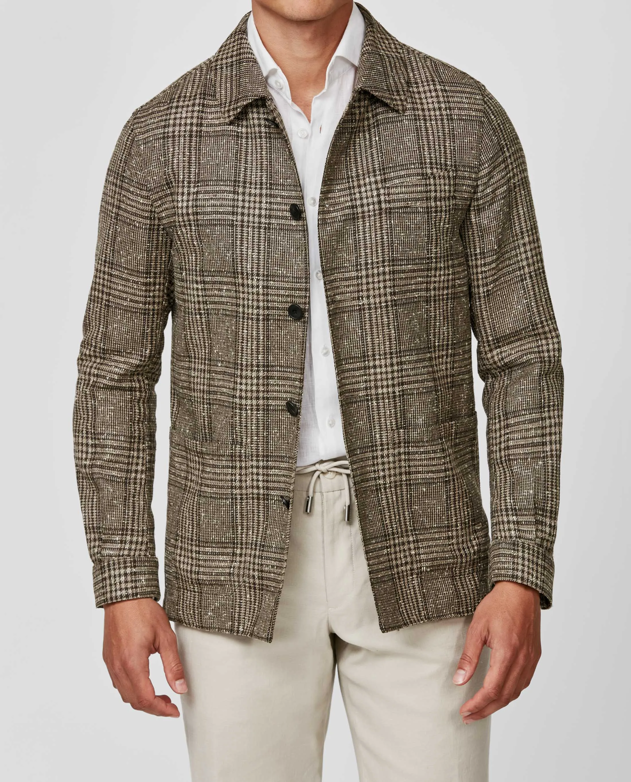 Loro Piana Lightweight Dark Taupe Bouclé Wool, Silk & Linen Blend with brown glencheck