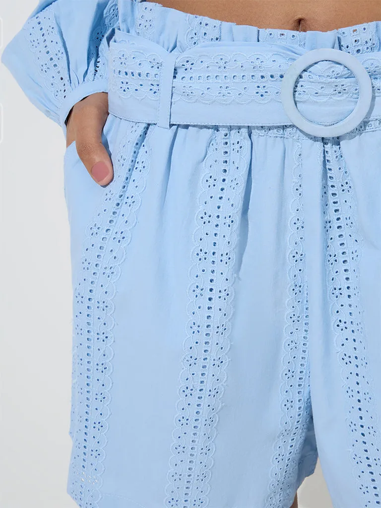 LOV Light Blue Schiffli Mid-Rise Cotton Shorts with Belt
