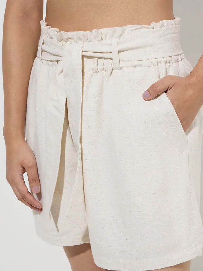 LOV Off-White Paperbag-Waist Linen-Blend Shorts with Belt