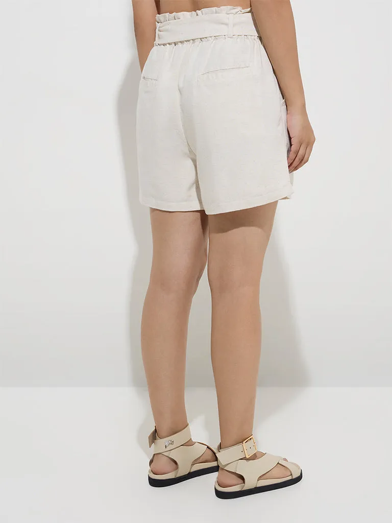 LOV Off-White Paperbag-Waist Linen-Blend Shorts with Belt
