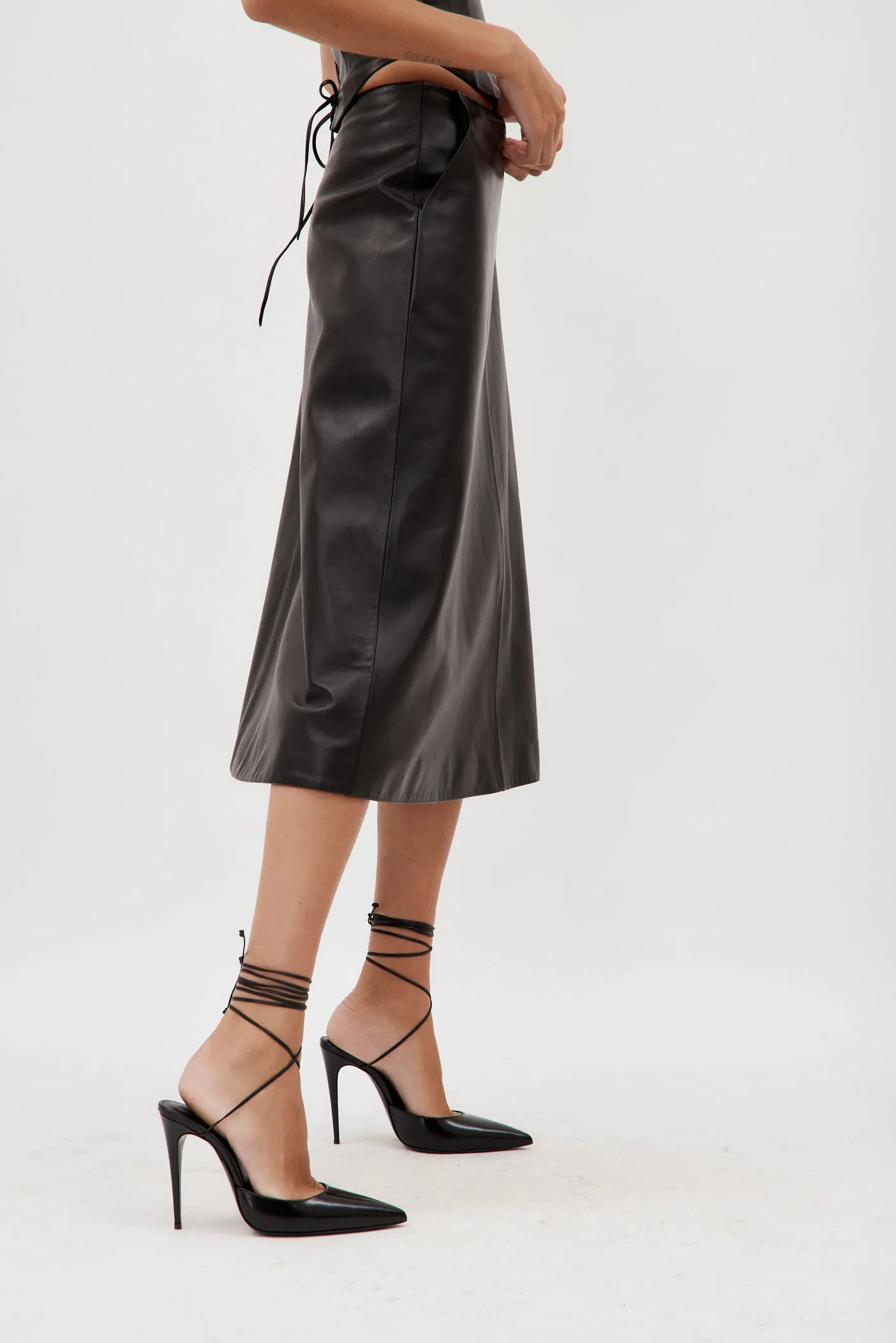 Low Rise Black Leather Midi Skirt