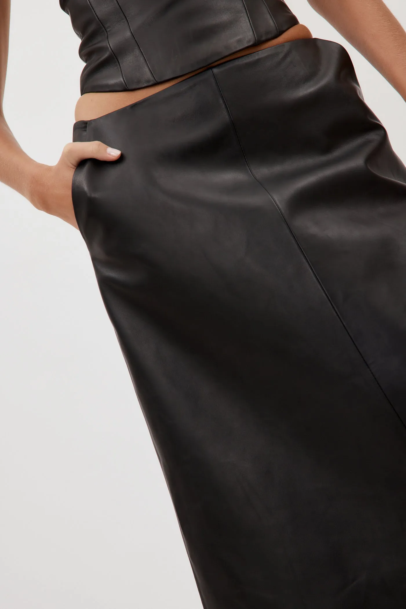 Low Rise Black Leather Midi Skirt