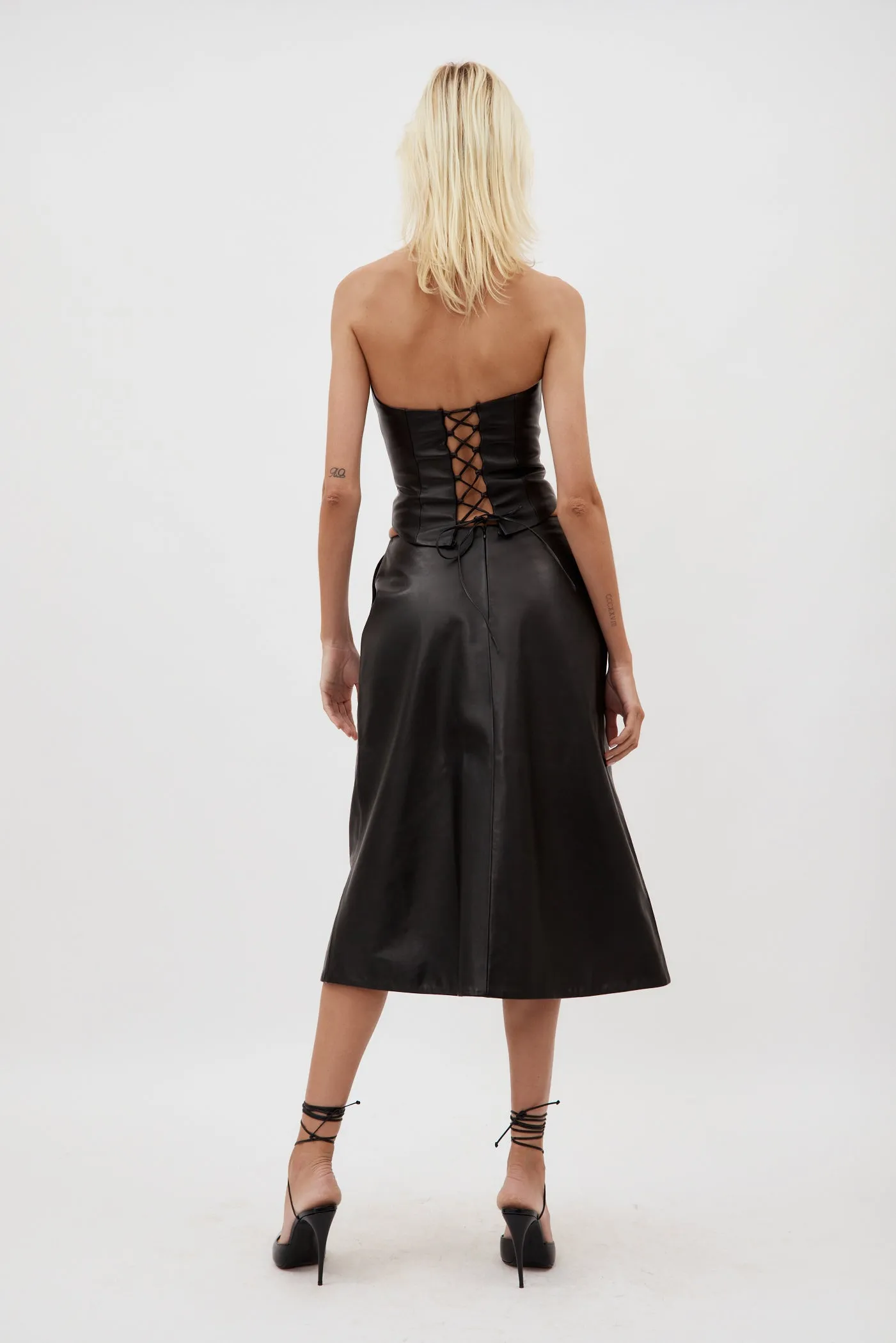 Low Rise Black Leather Midi Skirt
