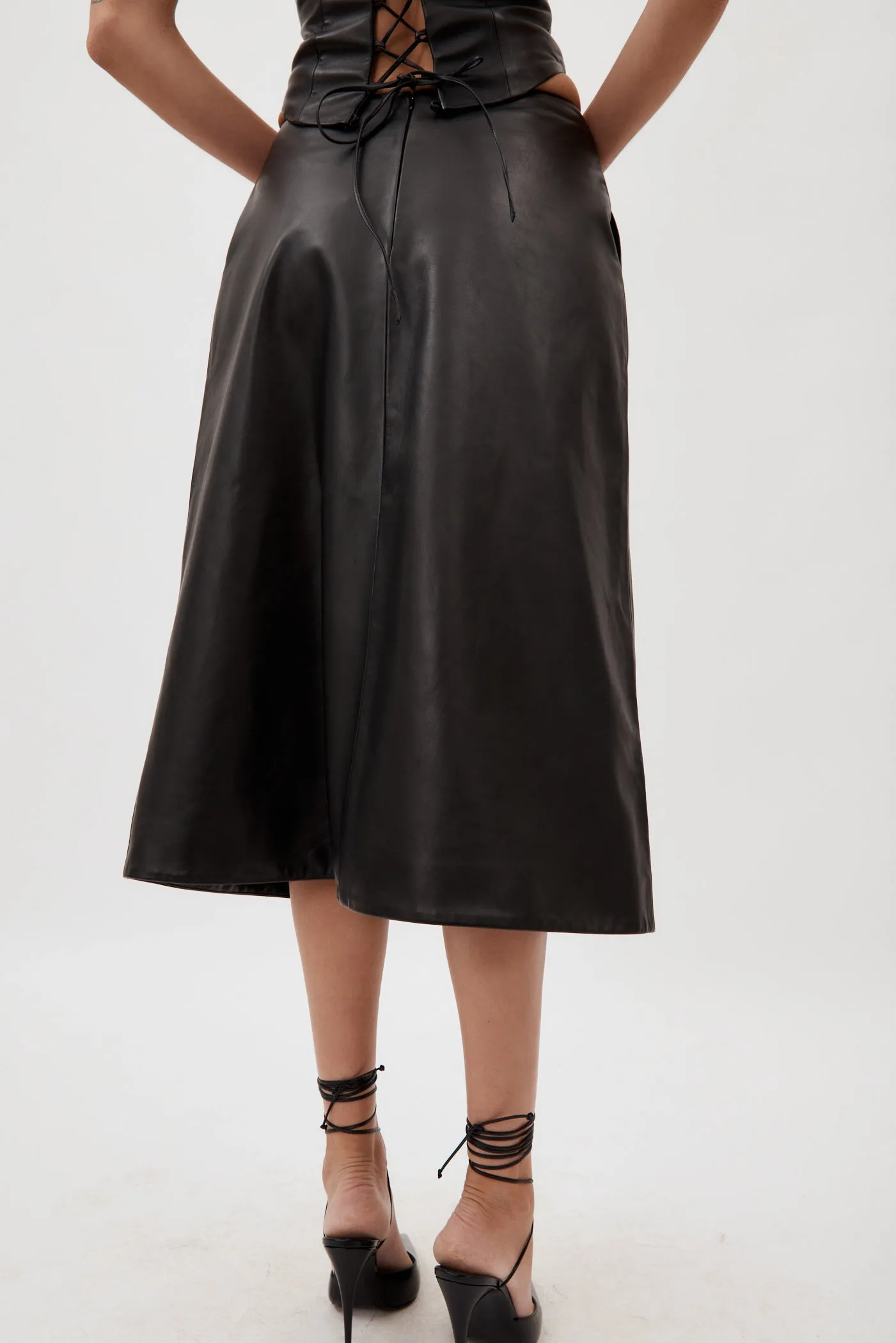Low Rise Black Leather Midi Skirt