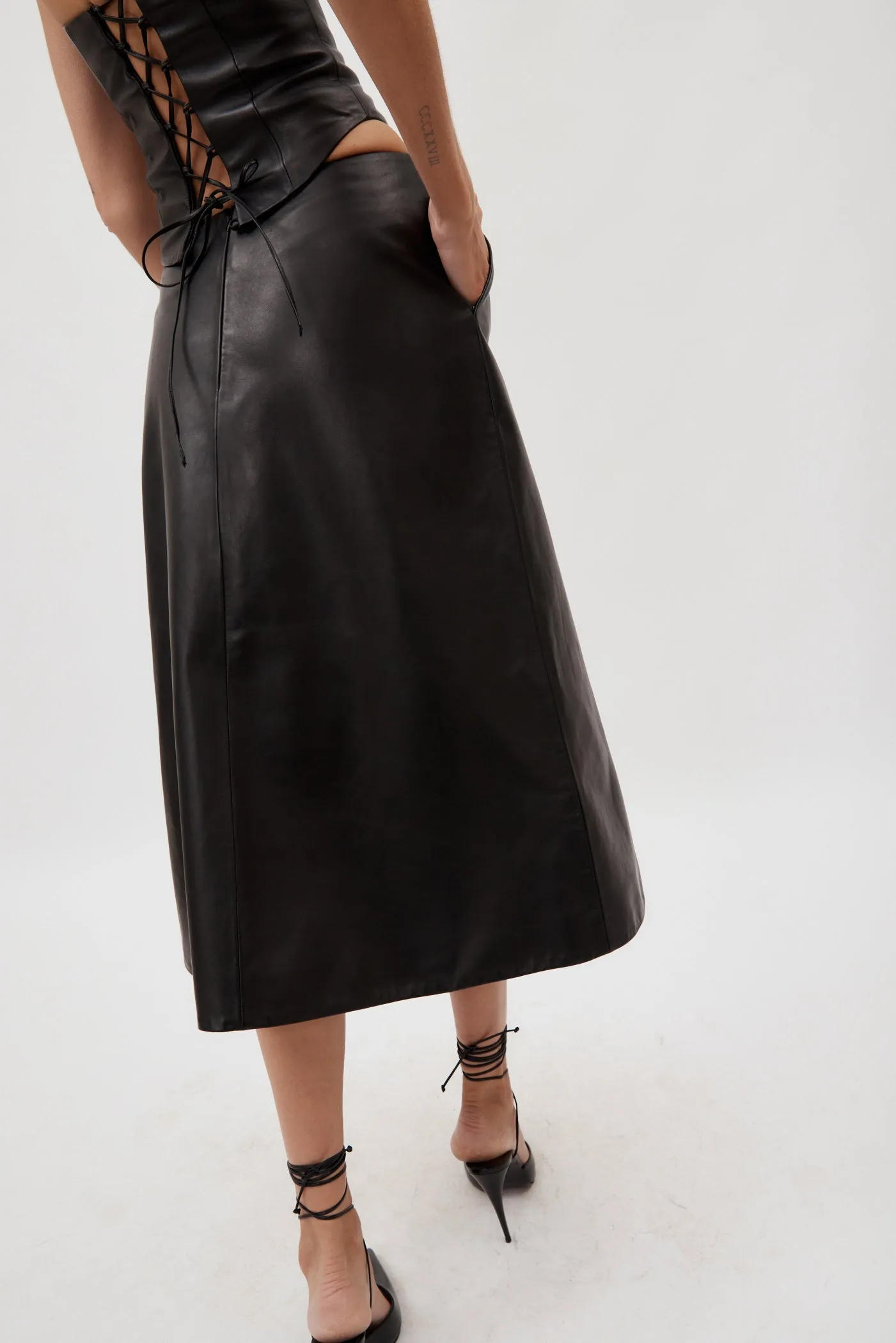 Low Rise Black Leather Midi Skirt