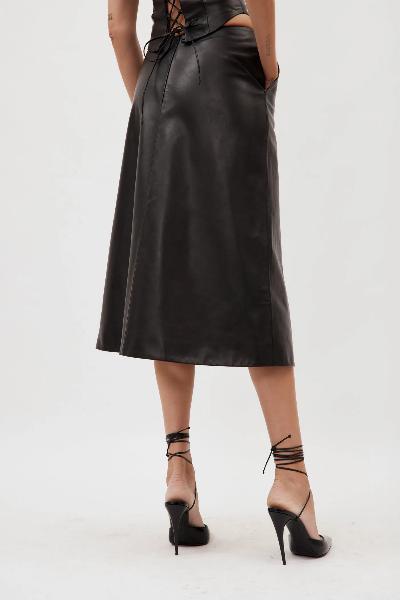 Low Rise Black Leather Midi Skirt