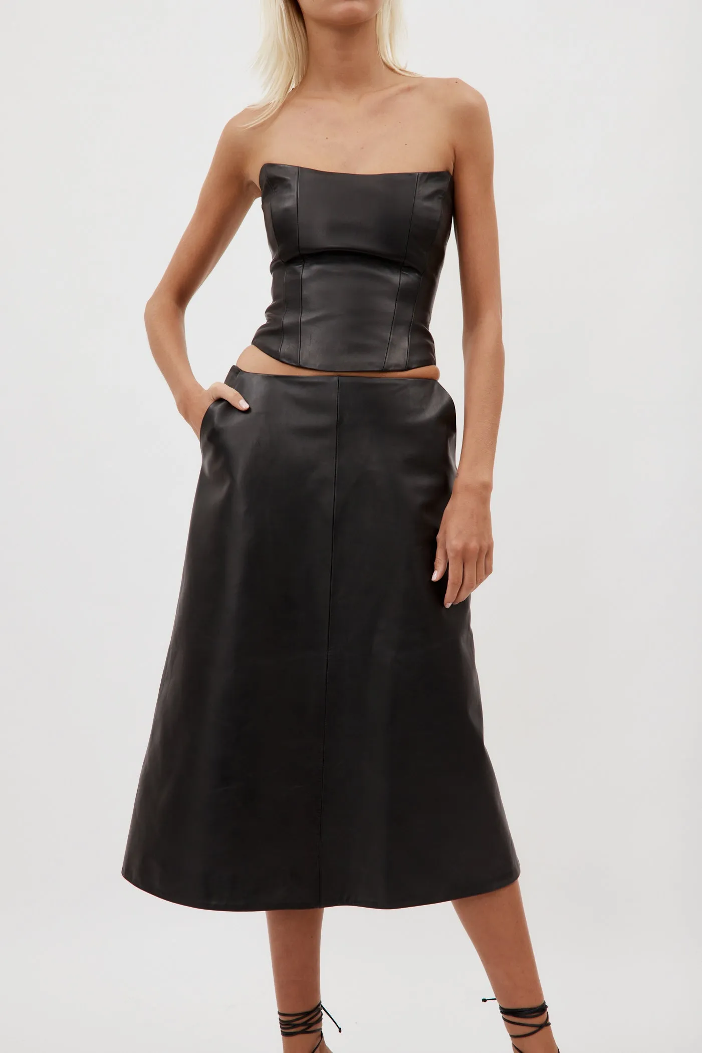 Low Rise Black Leather Midi Skirt