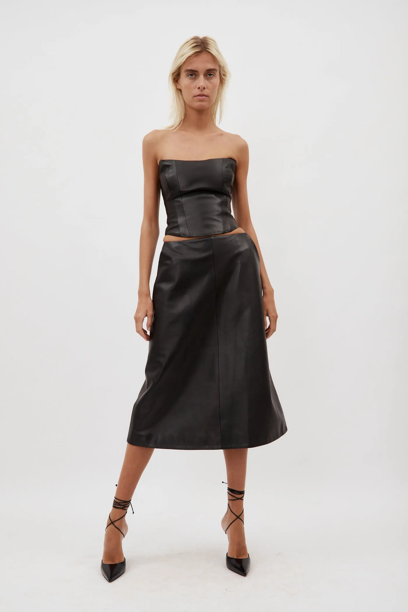Low Rise Black Leather Midi Skirt