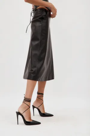Low Rise Black Leather Midi Skirt
