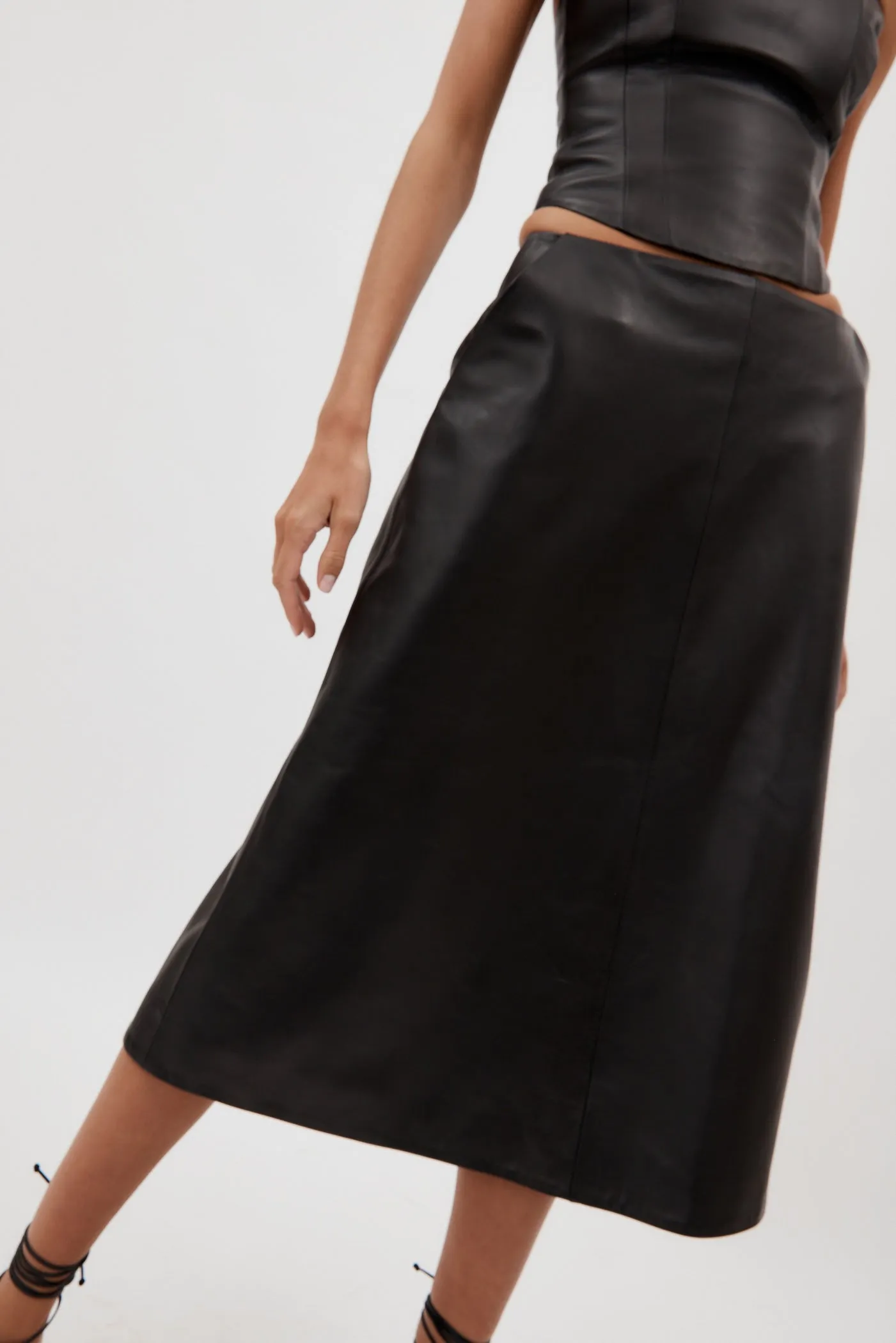 Low Rise Black Leather Midi Skirt