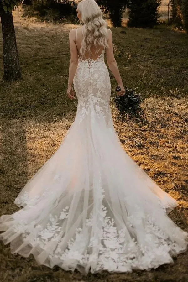 Mermaid Tulle V-neck Wedding Dresses With Appliques, Bridal Gown, MW977