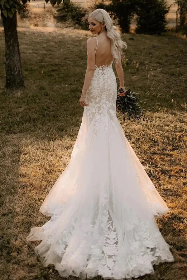 Mermaid Tulle V-neck Wedding Dresses With Appliques, Bridal Gown, MW977