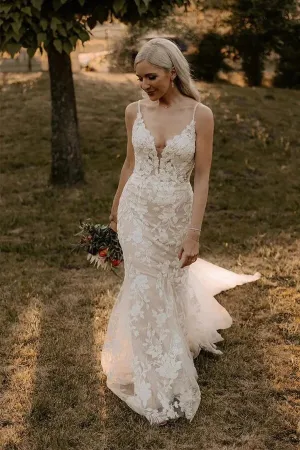 Mermaid Tulle V-neck Wedding Dresses With Appliques, Bridal Gown, MW977