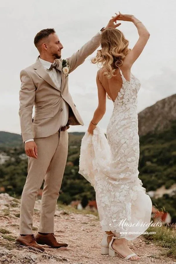 Mermaid V-neck Open Back Lace Appliques Beach Wedding Dresses, MW871