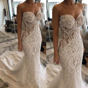 mermaid wedding dresses vestido de novia de seria lace applique beaded luxury modest wedding gown
