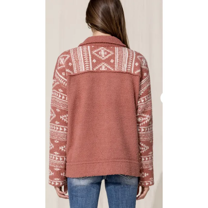 Miss ME Terry Cloth Aztec Print Shacket