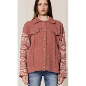 Miss ME Terry Cloth Aztec Print Shacket