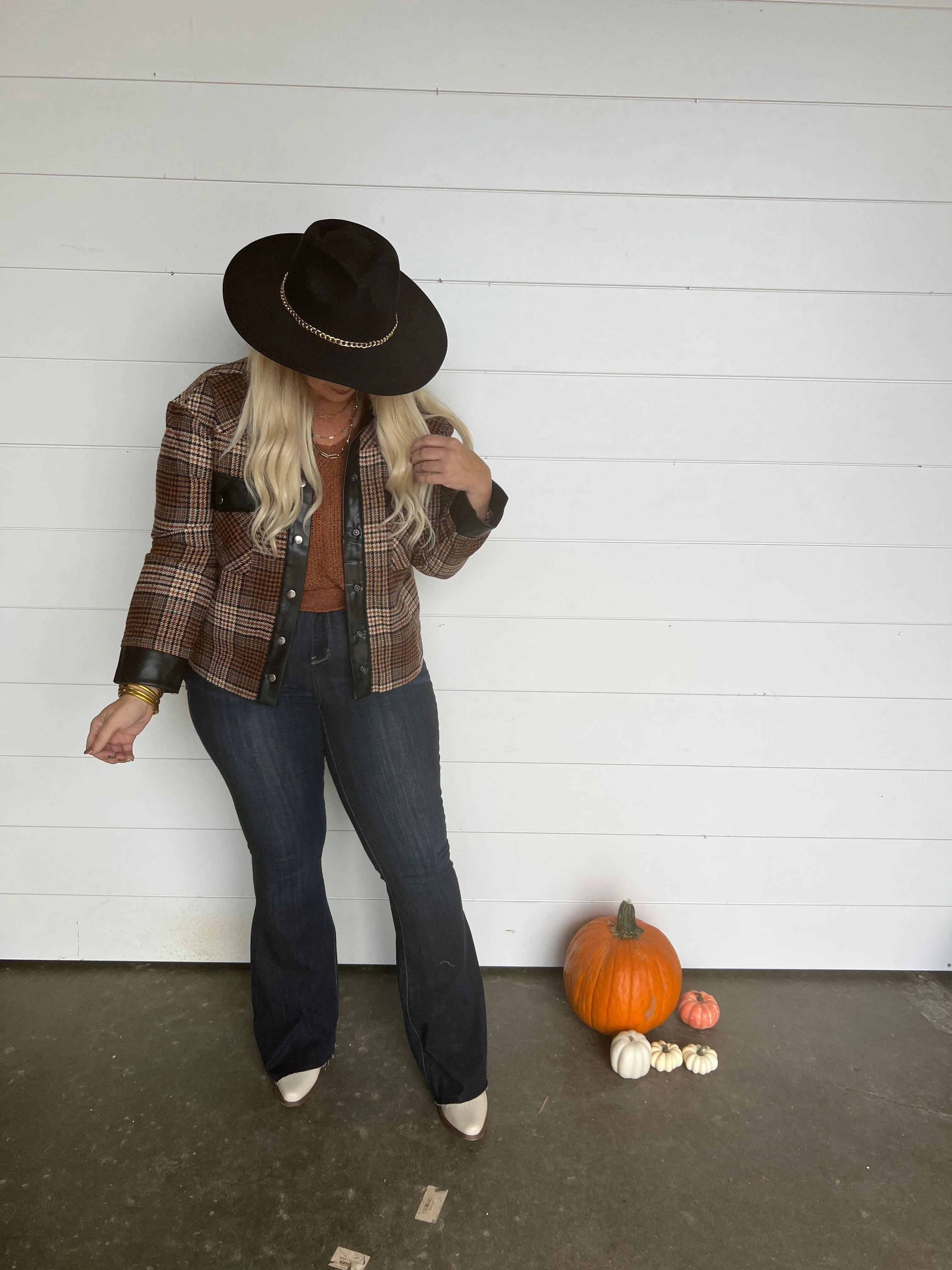MIXED FAUX LEATHER PLAID JACKET - Final Sale