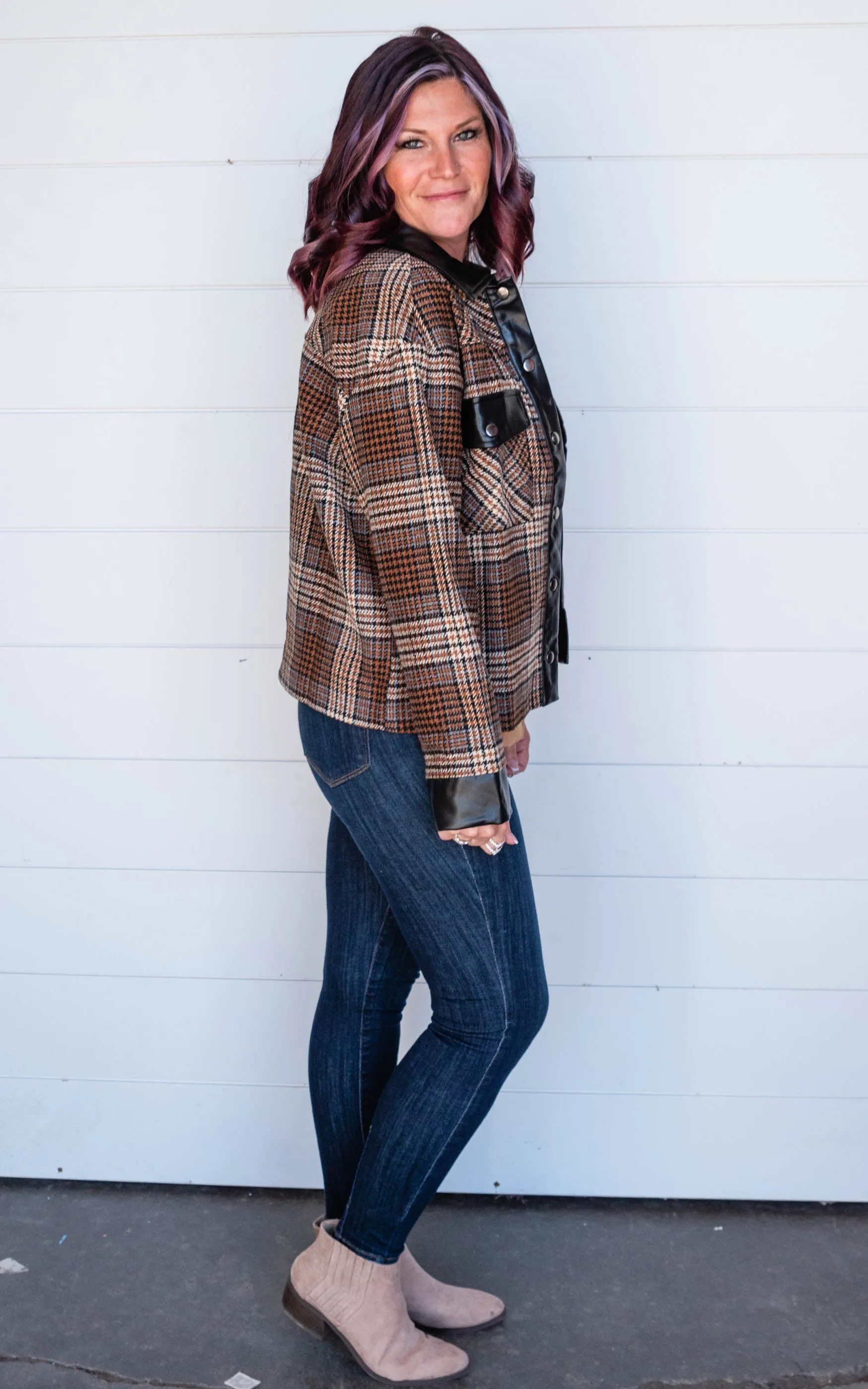 MIXED FAUX LEATHER PLAID JACKET - Final Sale