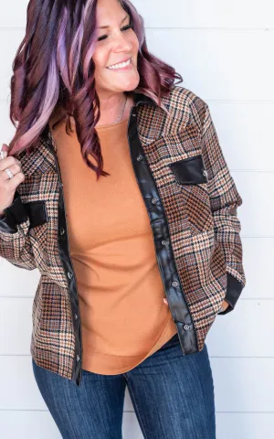 MIXED FAUX LEATHER PLAID JACKET - Final Sale