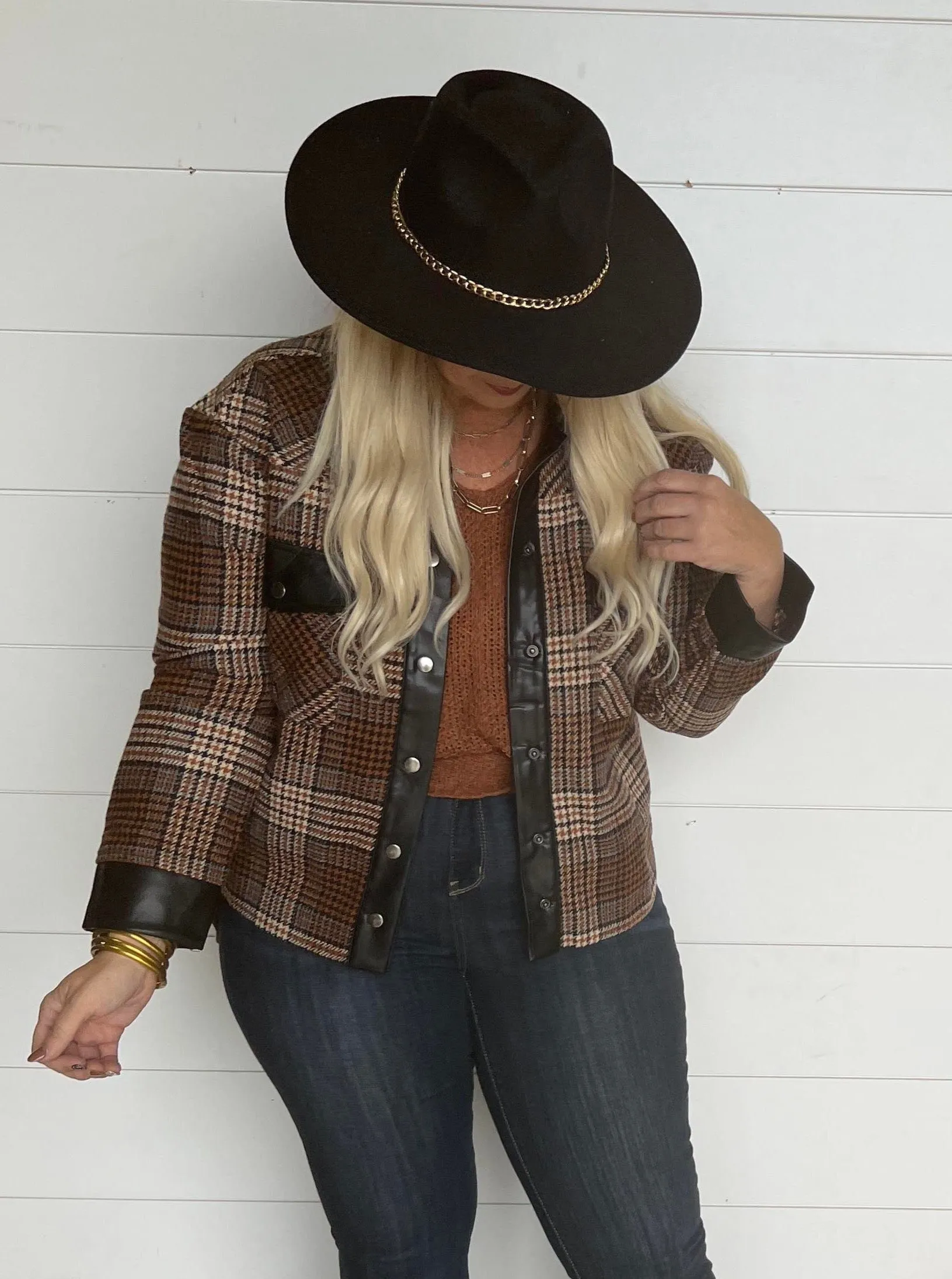 MIXED FAUX LEATHER PLAID JACKET - Final Sale