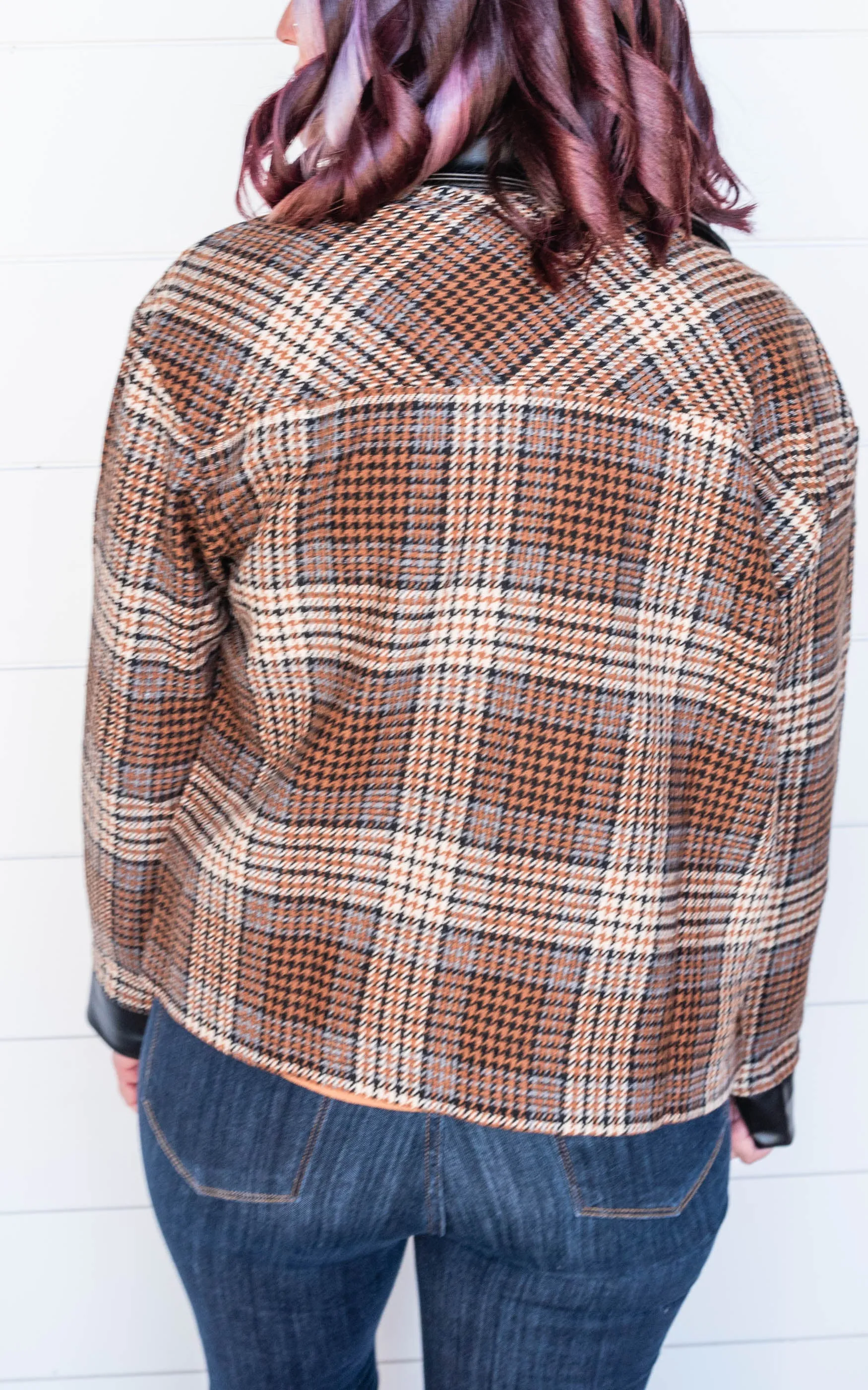 MIXED FAUX LEATHER PLAID JACKET - Final Sale