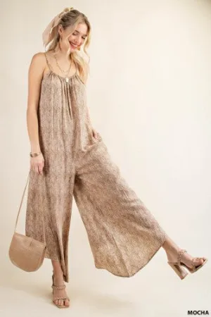 Mocha Boho Pattern Wide Leg Jumpsuit