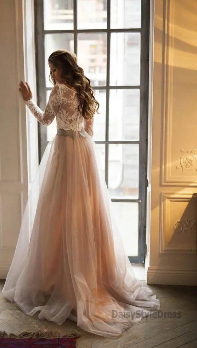 Modest Long Lace Sleeve Blush Tulle Wedding Dress