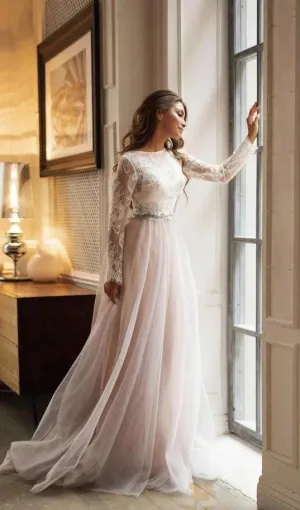 Modest Long Lace Sleeve Blush Tulle Wedding Dress