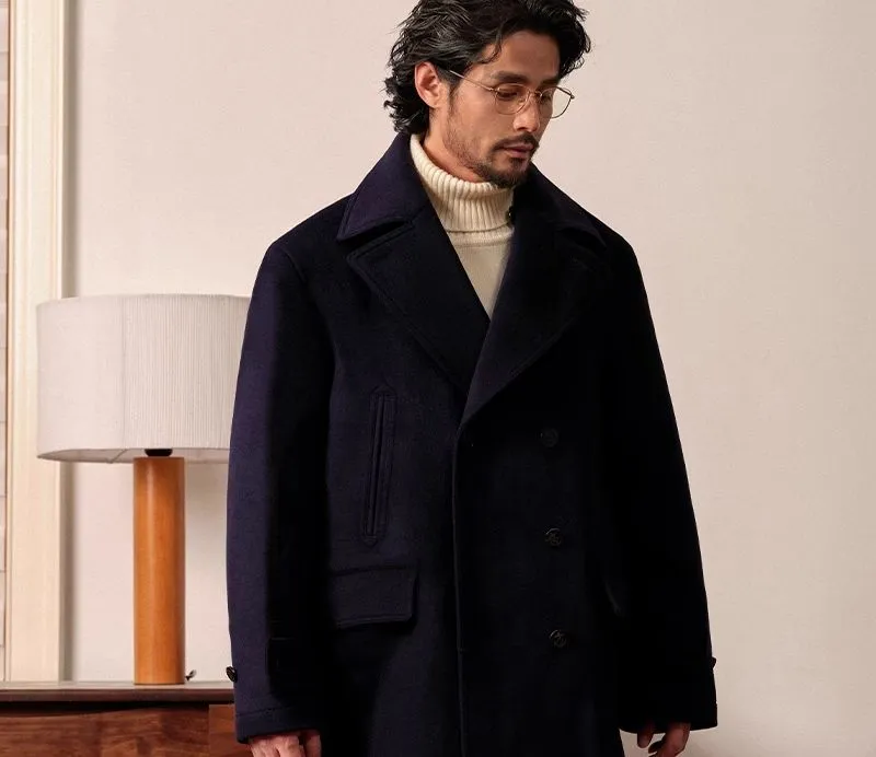 Navy Double-Breasted Wool Coat