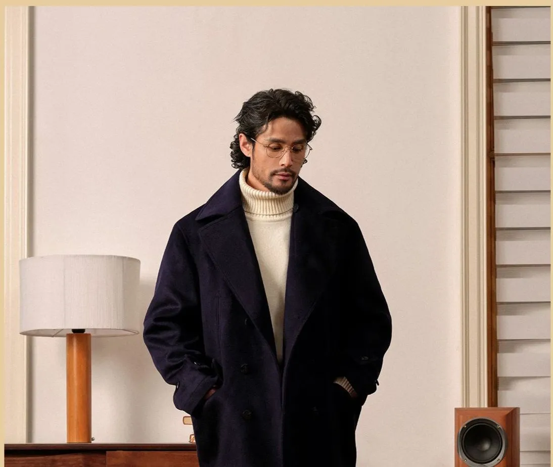 Navy Double-Breasted Wool Coat