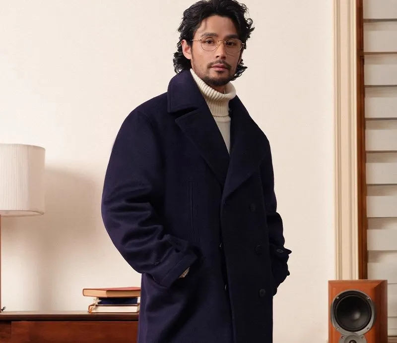 Navy Double-Breasted Wool Coat