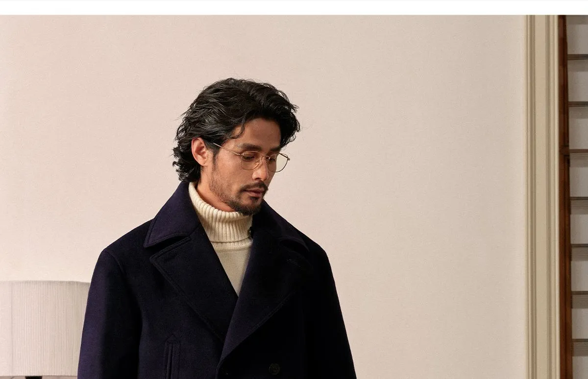 Navy Double-Breasted Wool Coat