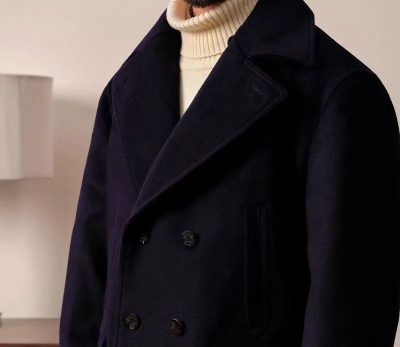 Navy Double-Breasted Wool Coat
