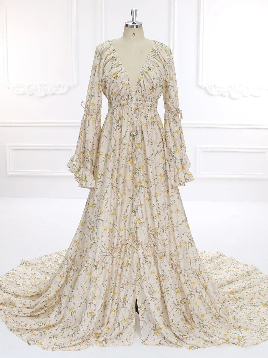 New Floral Print Cotton Maxi Dress Boho Beach Maternity Gown Fancy Photography Props YEWEN YD211202
