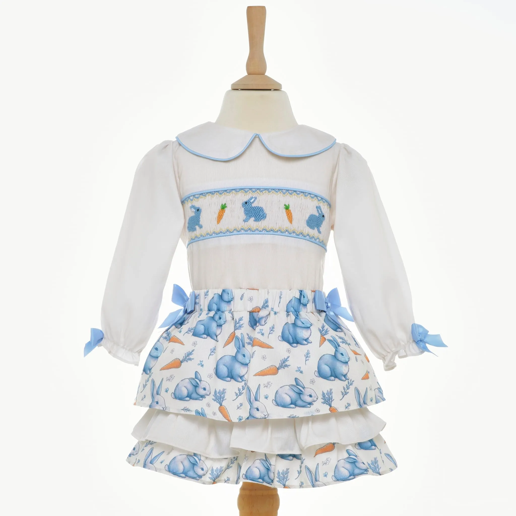 Ocean Baby Girls Blue And Cream Bunny Smocked Skirt Set (12M-8Y)