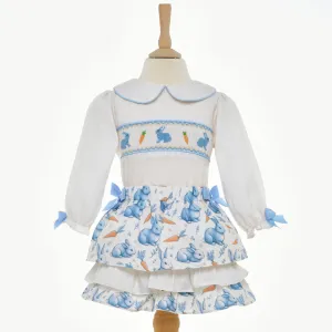 Ocean Baby Girls Blue And Cream Bunny Smocked Skirt Set (12M-8Y)