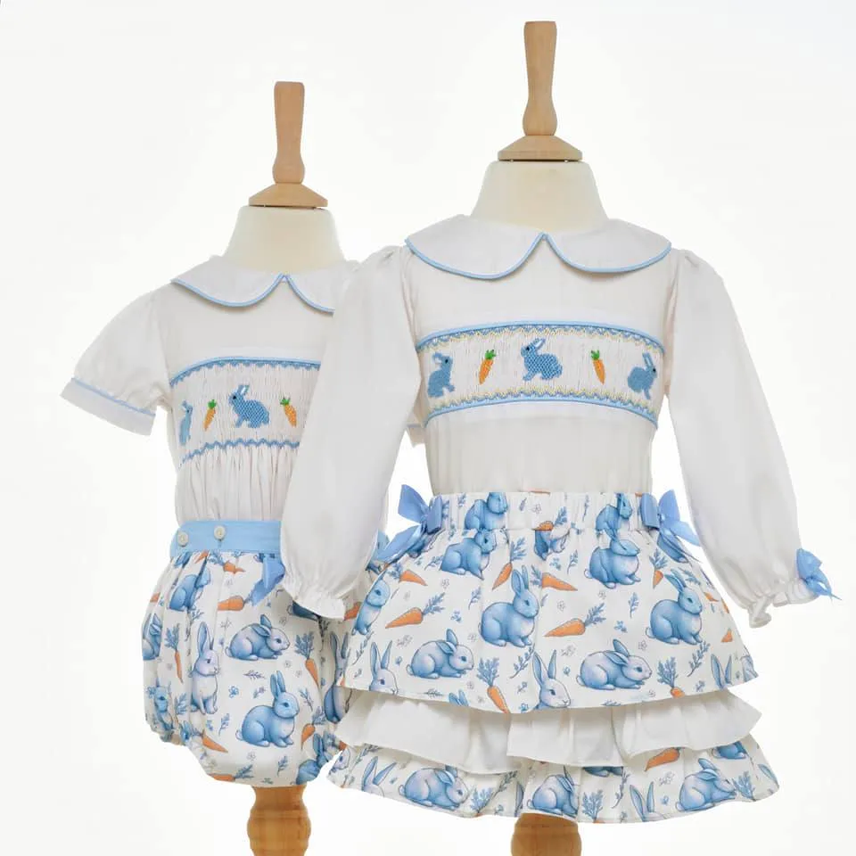 Ocean Baby Girls Blue And Cream Bunny Smocked Skirt Set (12M-8Y)