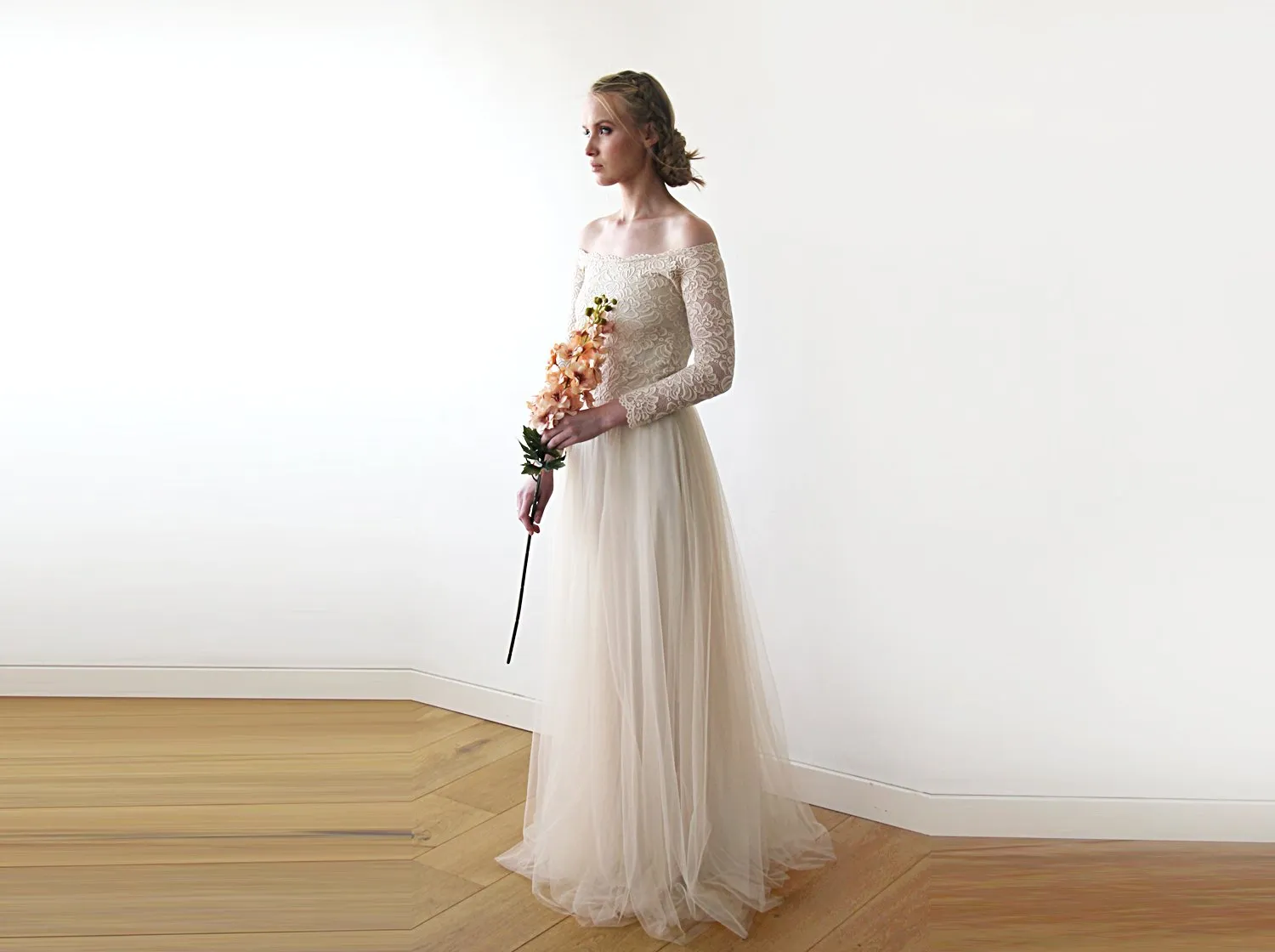 Off-The-Shoulder Champagne Lace & Tulle Dress #1134