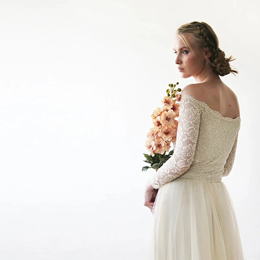Off-The-Shoulder Champagne Lace & Tulle Dress #1134