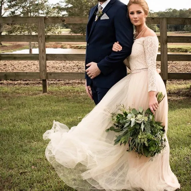 Off-The-Shoulder Champagne Lace & Tulle Dress #1134