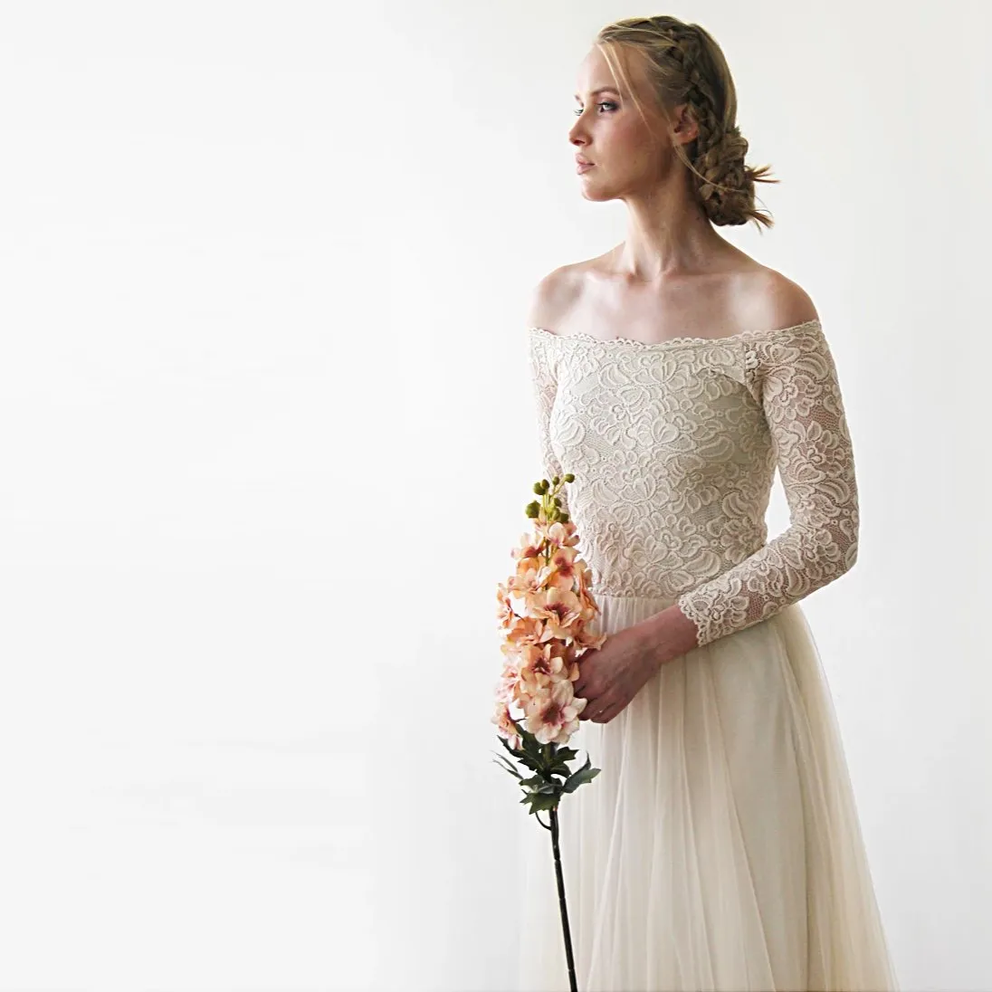 Off-The-Shoulder Champagne Lace & Tulle Dress #1134