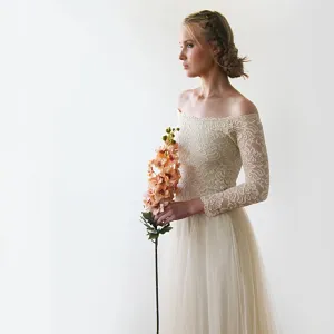 Off-The-Shoulder Champagne Lace & Tulle Dress #1134