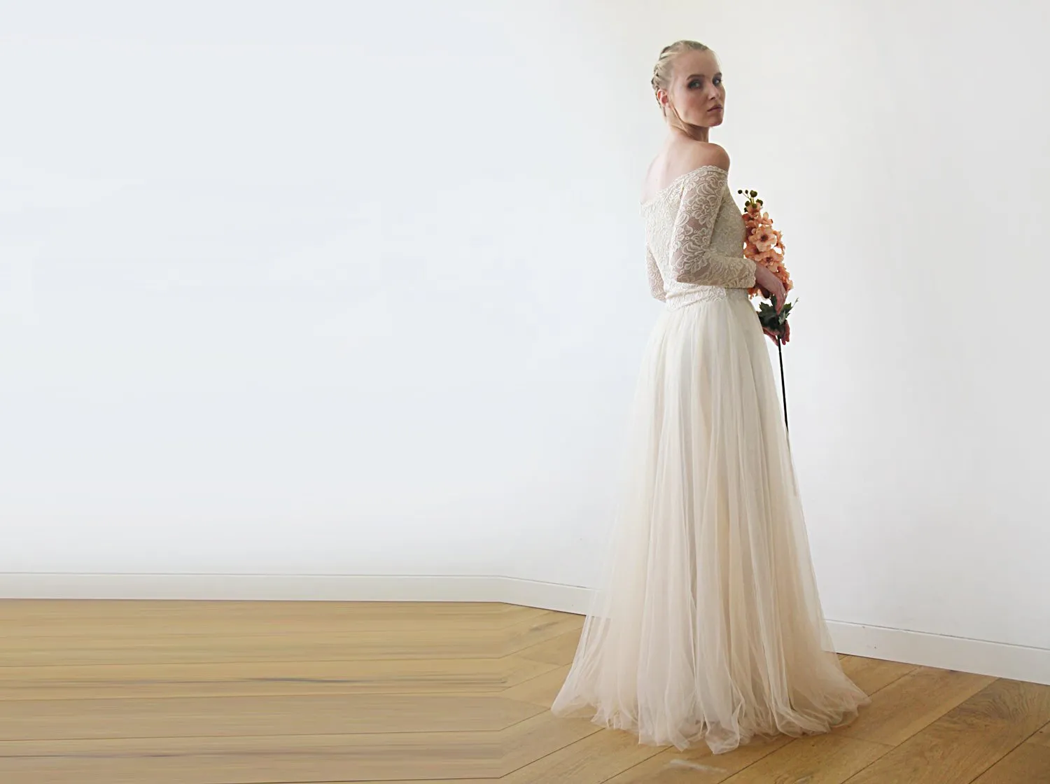 Off-The-Shoulder Champagne Lace & Tulle Dress #1134