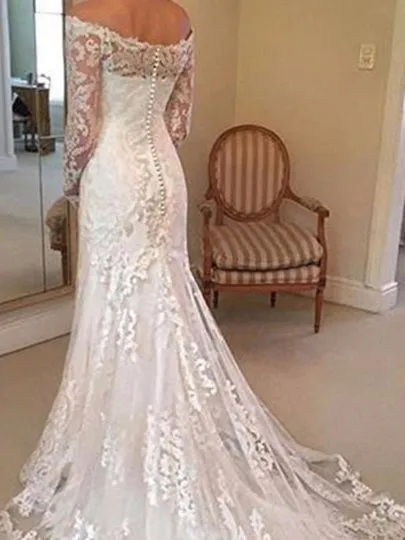 Off the Shoulder Long Sleeves Lace Wedding Dress