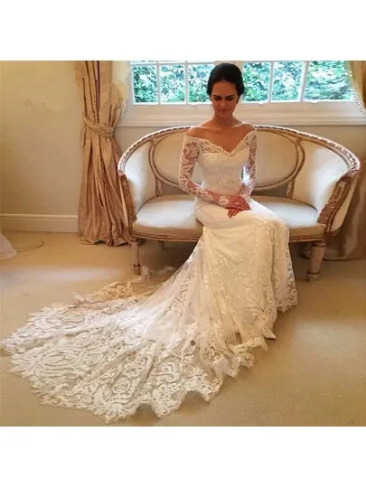 Off the Shoulder Long Sleeves Lace Wedding Dress