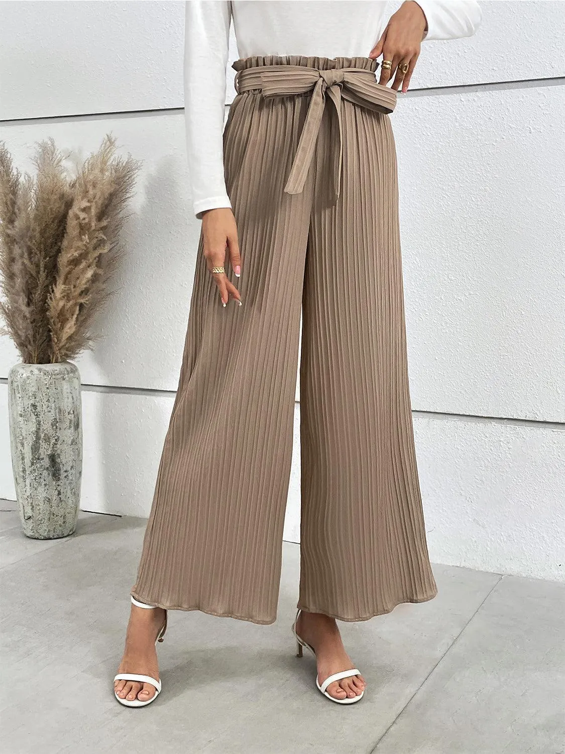 Office Chic Tie Waist Wide Leg Paperbag Pants