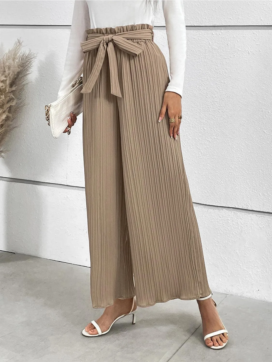 Office Chic Tie Waist Wide Leg Paperbag Pants