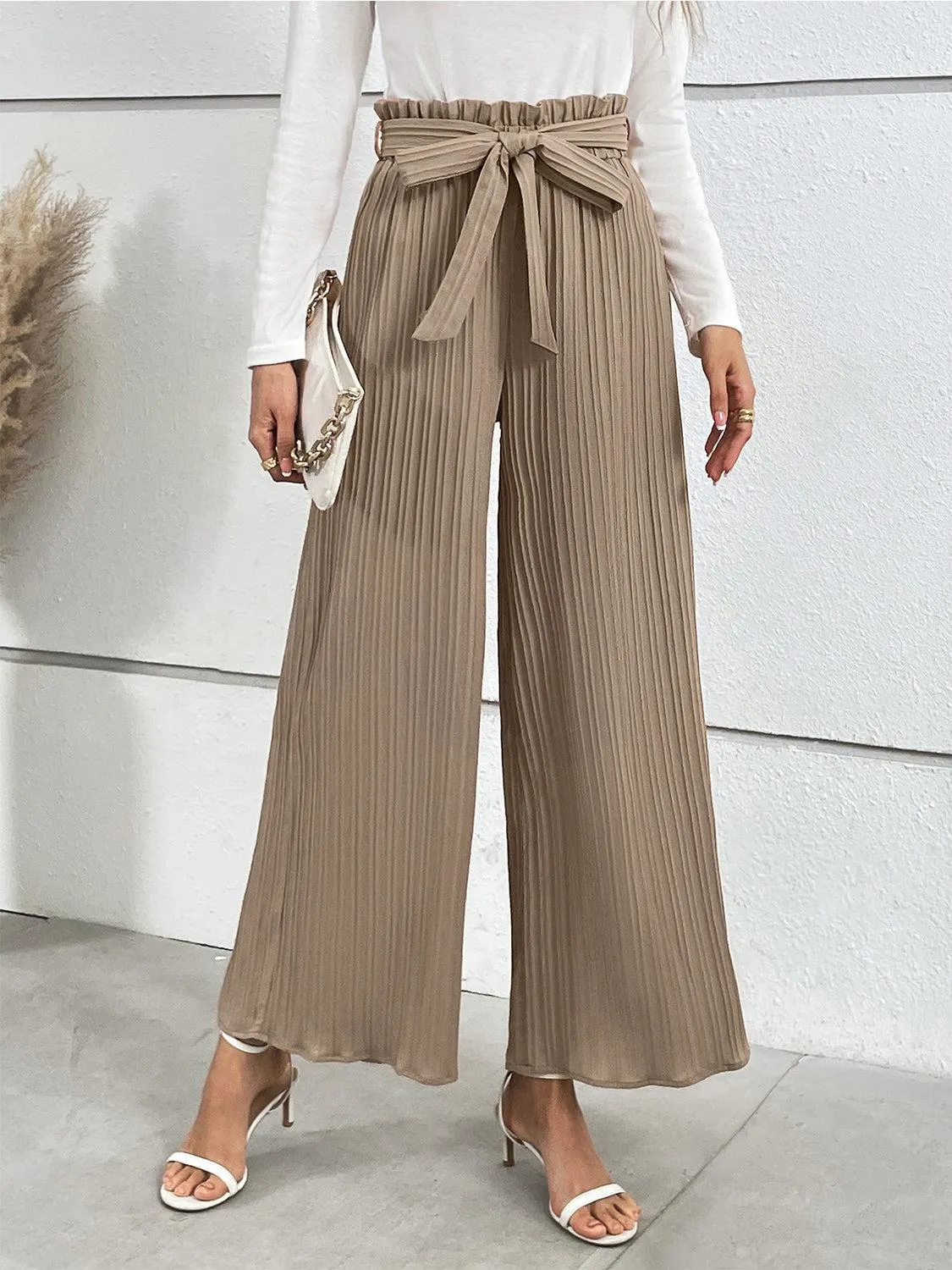 Office Chic Tie Waist Wide Leg Paperbag Pants