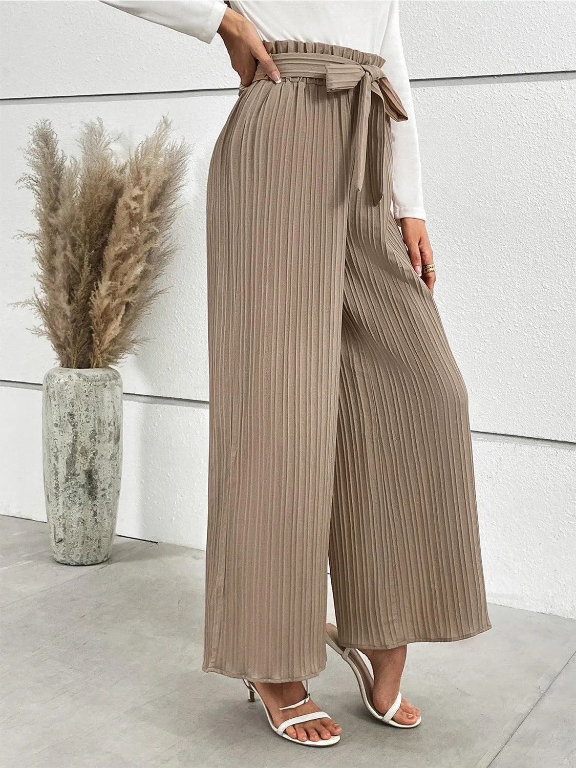 Office Chic Tie Waist Wide Leg Paperbag Pants